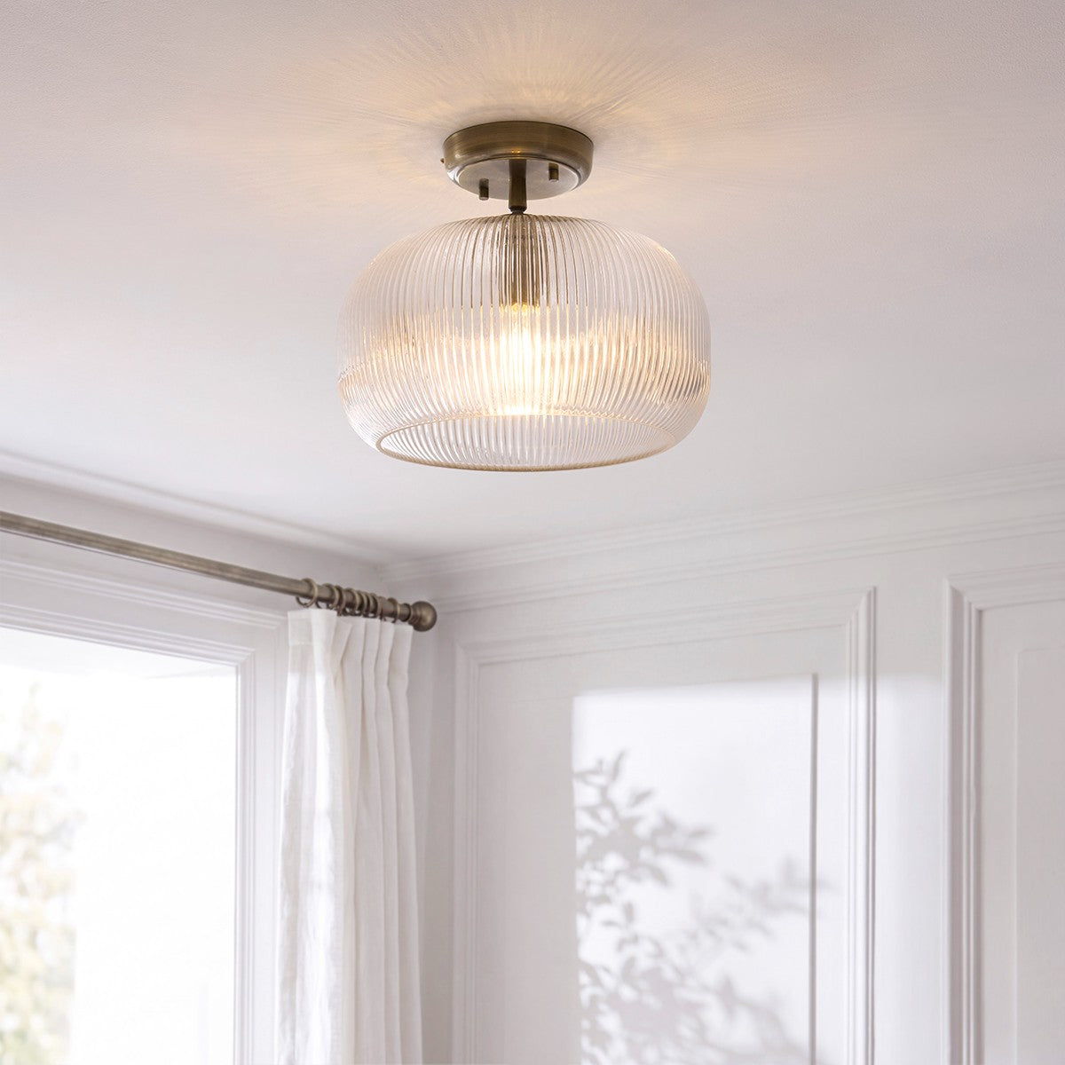 Harmont Ceiling Light Fixture Flush Mounted in Antique Brass and Ribbed Glass