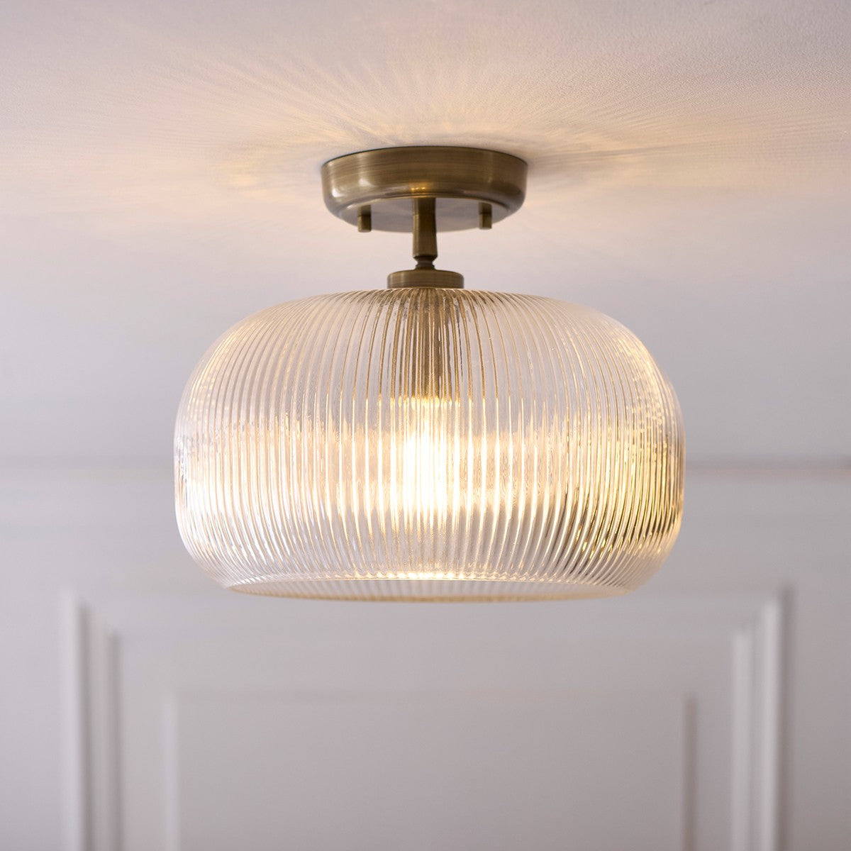 Harmont Ceiling Light Fixture Flush Mounted in Antique Brass and Ribbed Glass