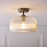 Harmont Ceiling Light Fixture Flush Mounted in Antique Brass and Ribbed Glass