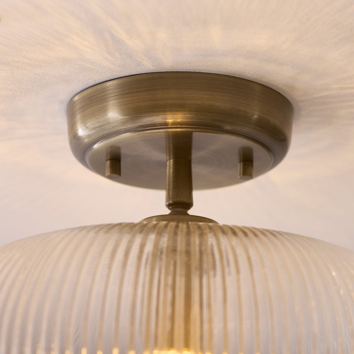 Harmont Ceiling Light Fixture Flush Mounted in Antique Brass and Ribbed Glass
