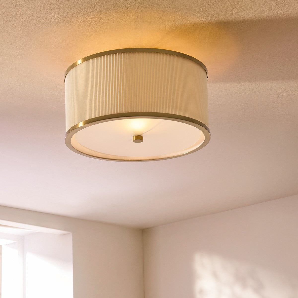 Lexara Flush Light with Pleated Lamp Shade and Brushed Brass