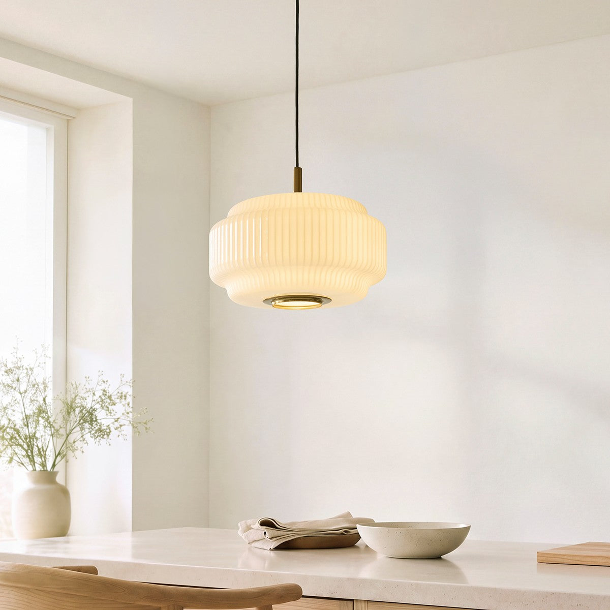 Elvora Opal Ribbed Glass Globe Pendant Light in Brushed Brass