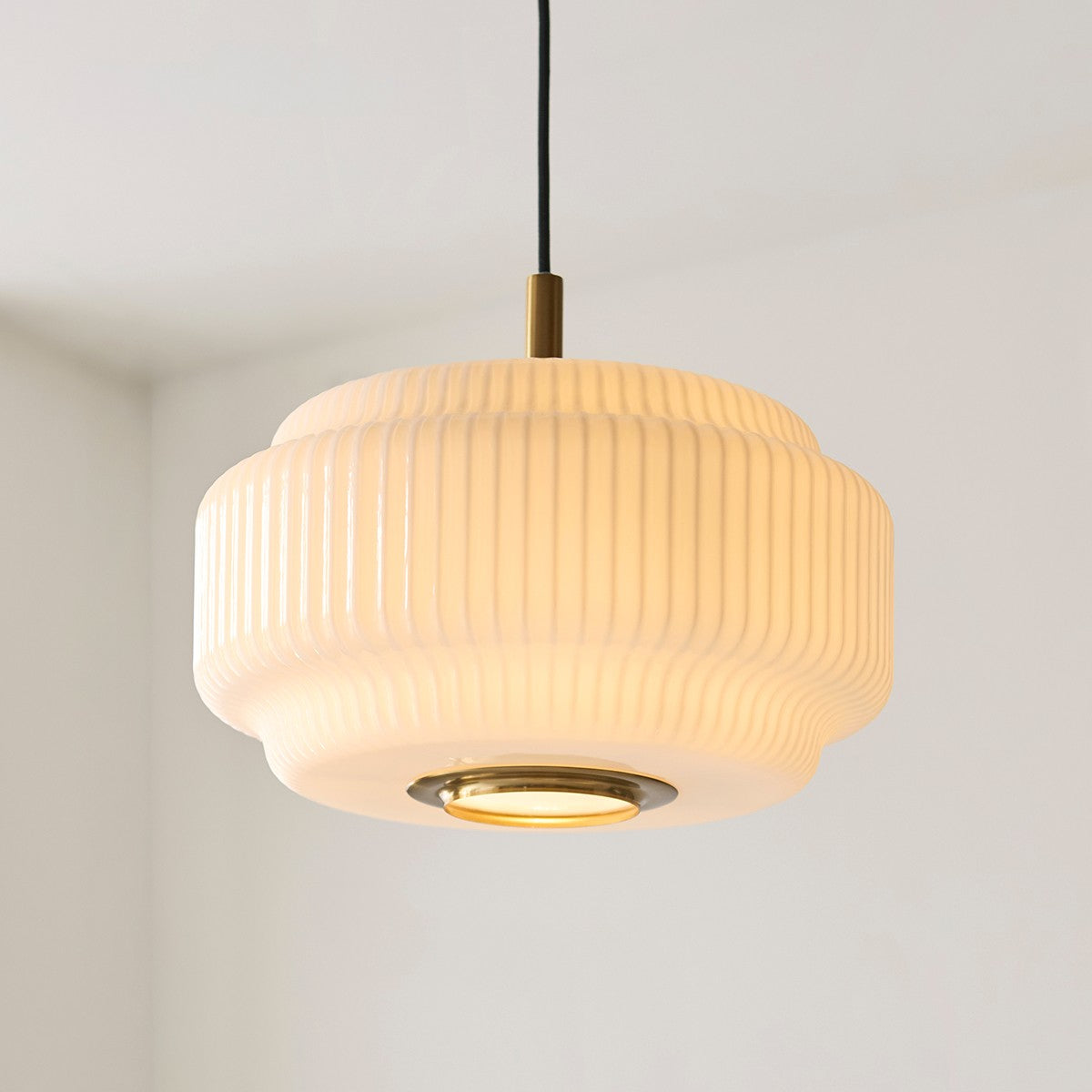 Elvora Opal Ribbed Glass Globe Pendant Light in Brushed Brass