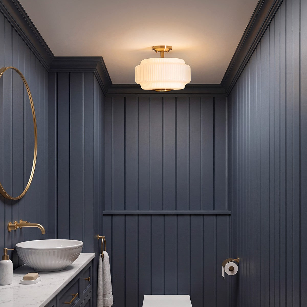 Elvora Modern Flush Ceiling Light in Brushed Brass and Opal Ribbed Glass