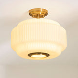 Elvora Modern Flush Ceiling Light in Brushed Brass and Opal Ribbed Glass