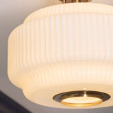 Elvora Modern Flush Ceiling Light in Brushed Brass and Opal Ribbed Glass