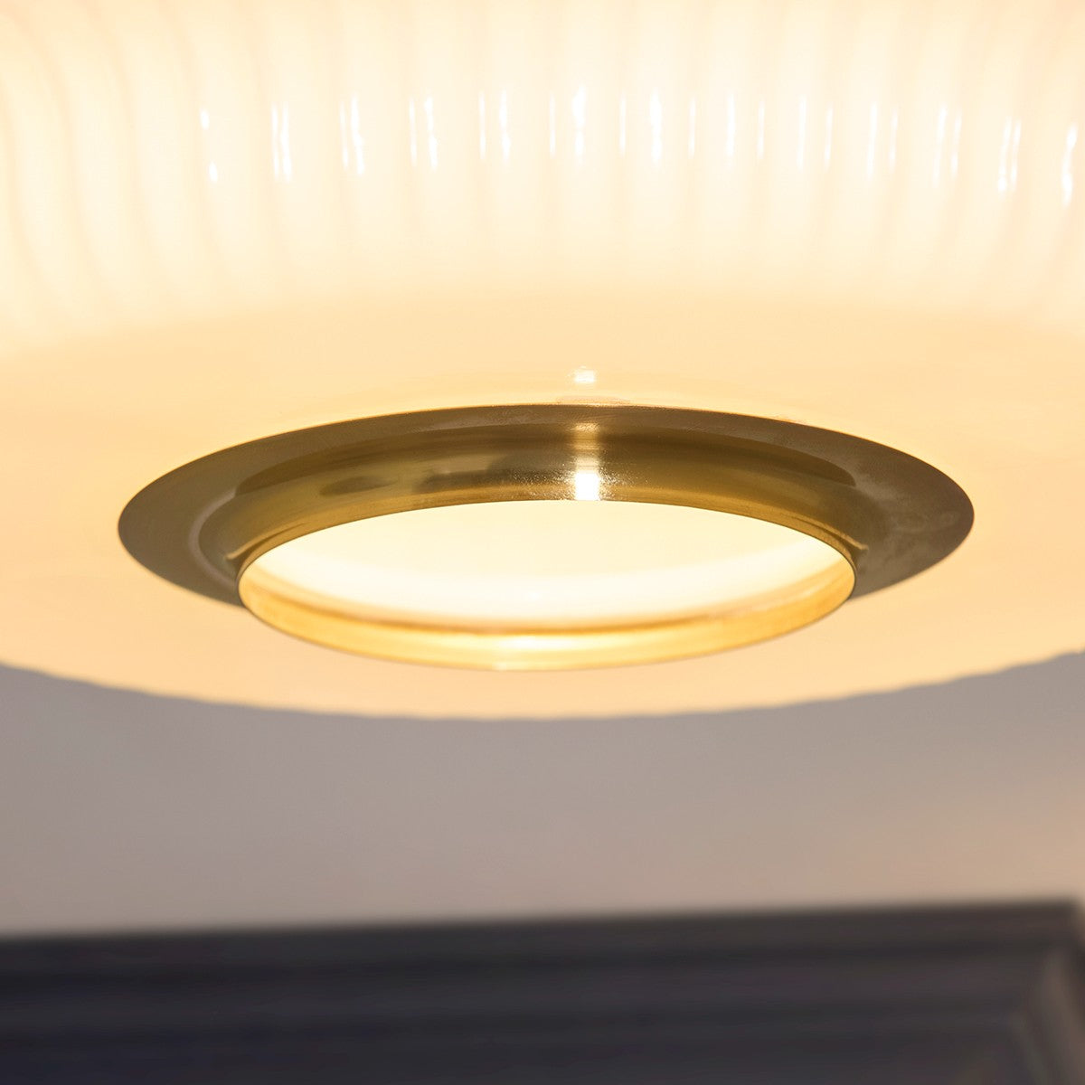 Elvora Modern Flush Ceiling Light in Brushed Brass and Opal Ribbed Glass