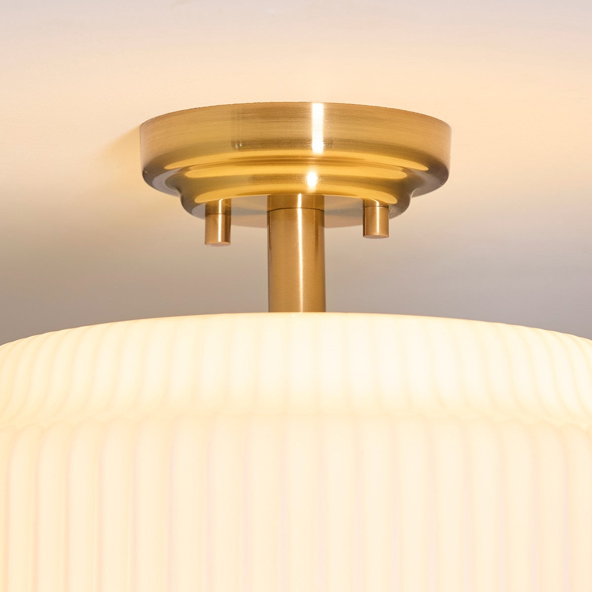 Elvora Modern Flush Ceiling Light in Brushed Brass and Opal Ribbed Glass