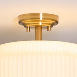 Elvora Modern Flush Ceiling Light in Brushed Brass and Opal Ribbed Glass