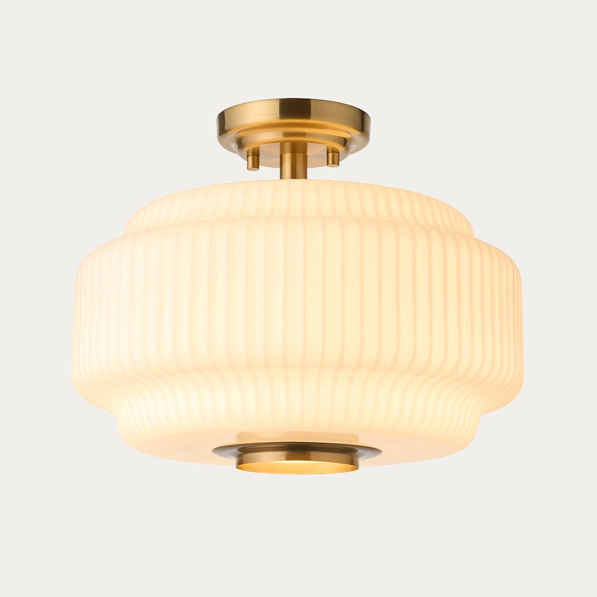Elvora Modern Flush Ceiling Light in Brushed Brass and Opal Ribbed Glass