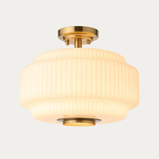 Elvora Modern Flush Ceiling Light in Brushed Brass and Opal Ribbed Glass