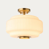 Elvora Modern Flush Ceiling Light in Brushed Brass and Opal Ribbed Glass