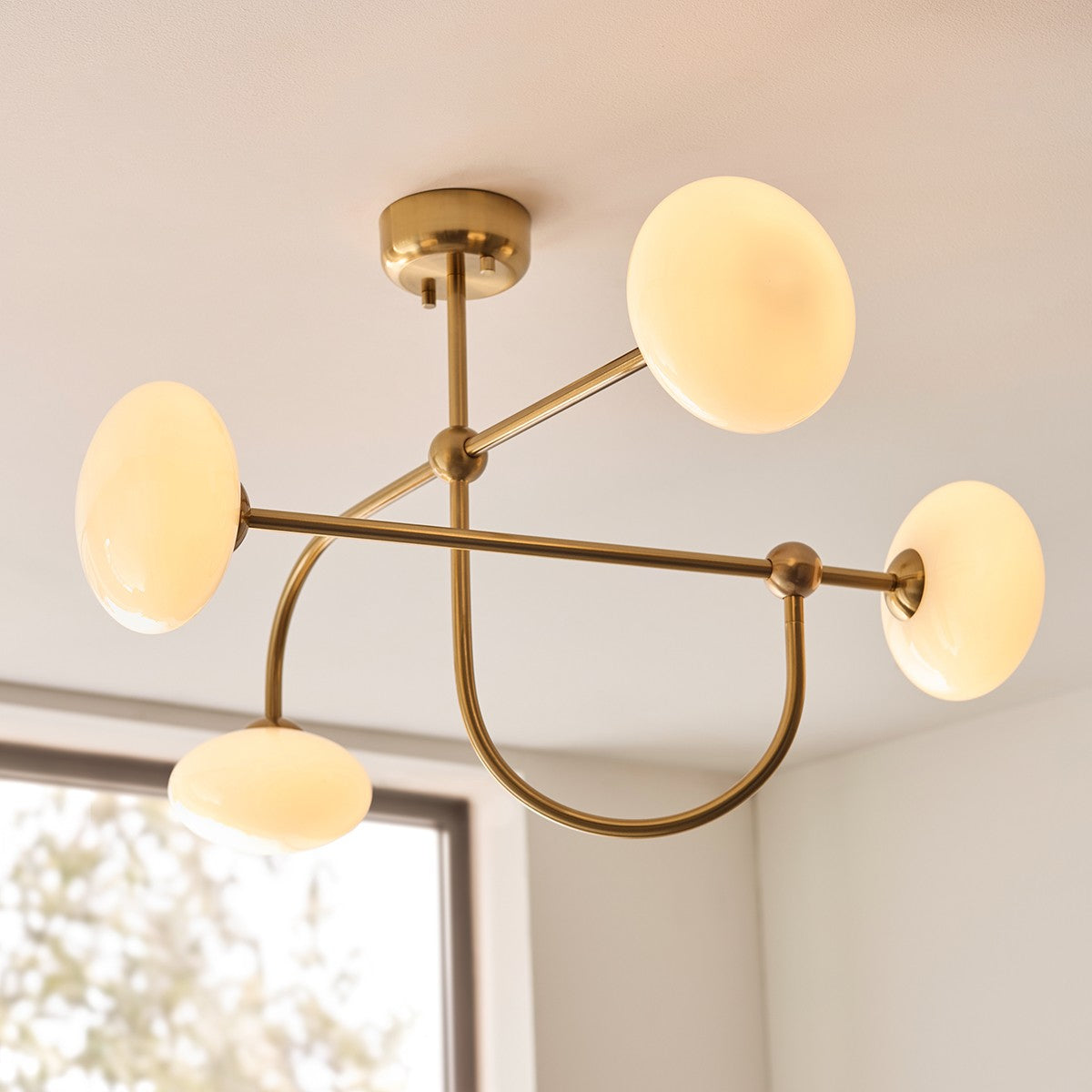 Oldwick 4 Light Semi Flush Mount Ceiling Light in Brushed Brass with Opal Glass