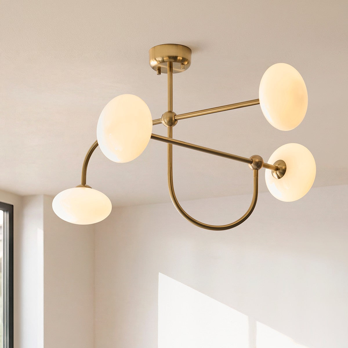 Oldwick 4 Light Semi Flush Mount Ceiling Light in Brushed Brass with Opal Glass