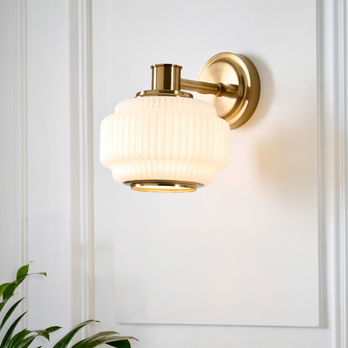 Elvora Mid Century Wall Light with Brushed Brass and Opal Ribbed Glass