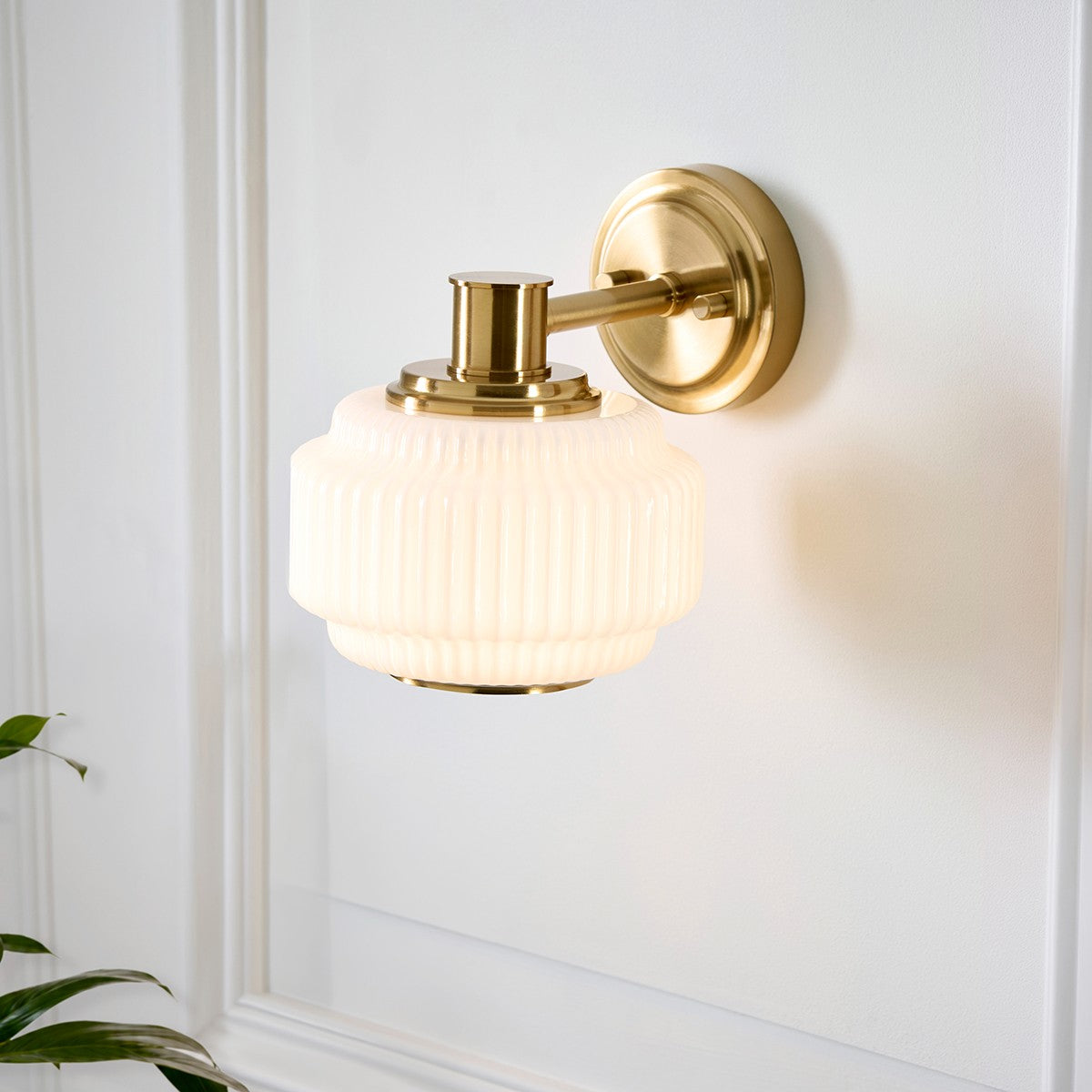 Elvora Mid Century Wall Light with Brushed Brass and Opal Ribbed Glass