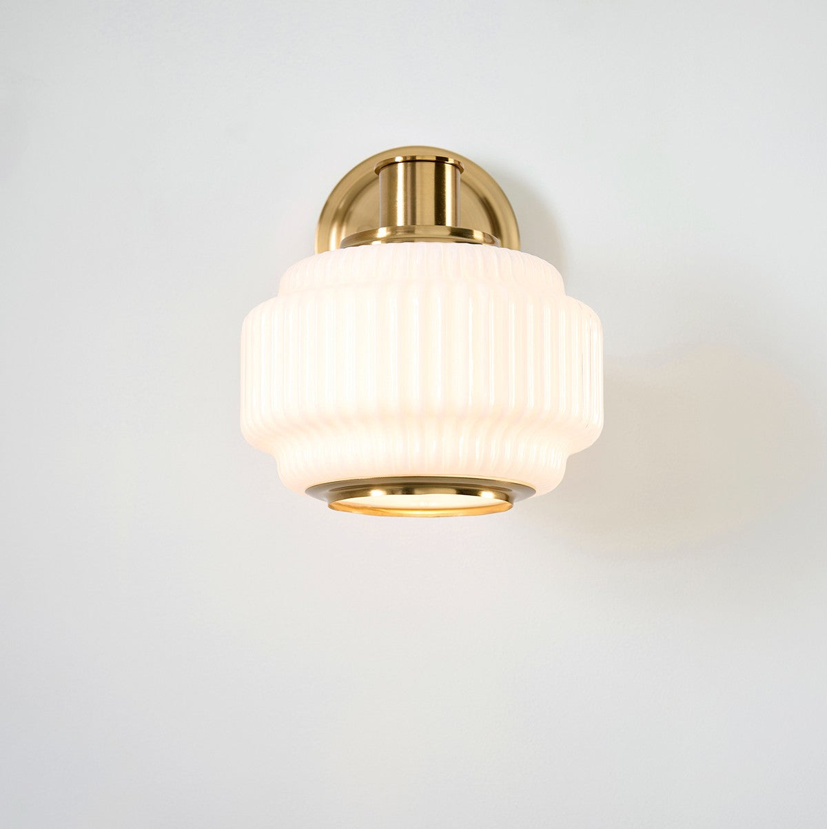Elvora Mid Century Wall Light with Brushed Brass and Opal Ribbed Glass