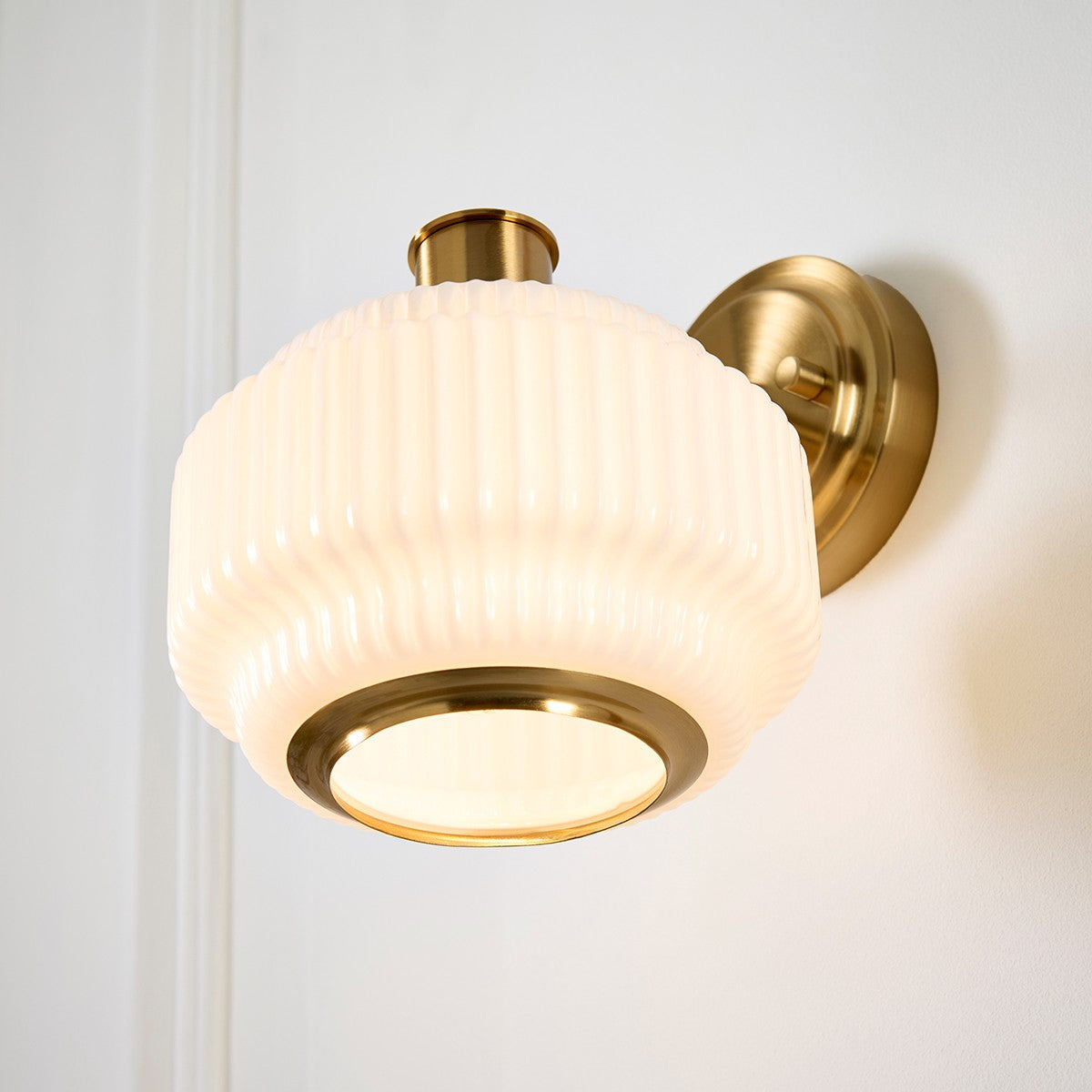 Elvora Mid Century Wall Light with Brushed Brass and Opal Ribbed Glass