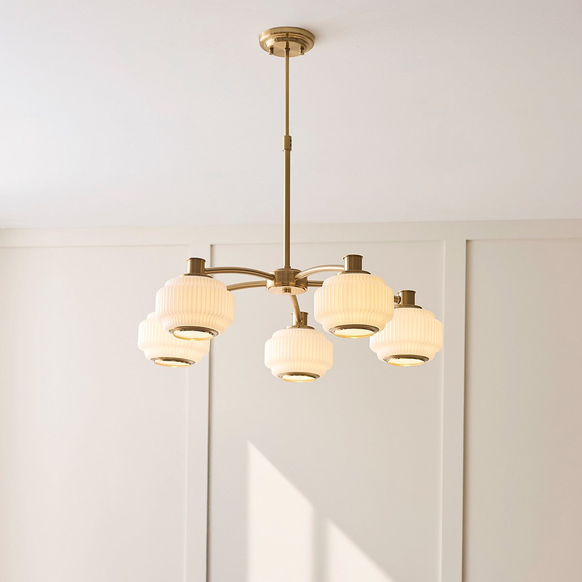 Elvora Opal Ribbed Glass Large Pendant Light in Brushed Brass