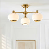 Elvora 3 Light Modern Semi Flush Mount Ceiling Light in Brushed Brass with Opal Ribbed Glass