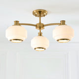 Elvora 3 Light Modern Semi Flush Mount Ceiling Light in Brushed Brass with Opal Ribbed Glass