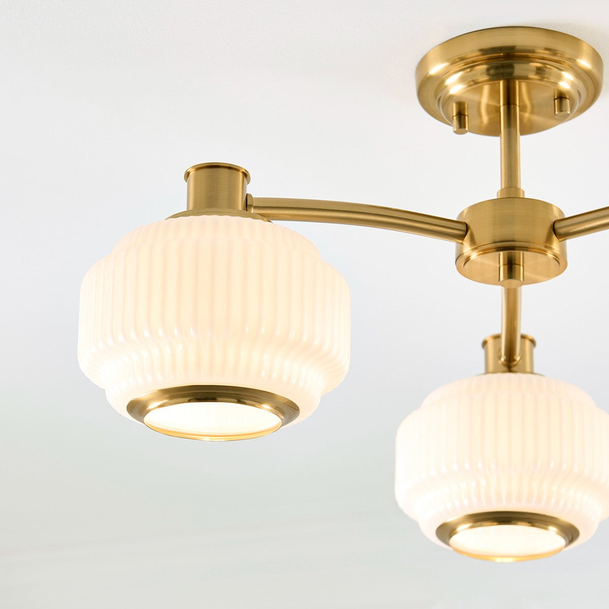 Elvora 3 Light Modern Semi Flush Mount Ceiling Light in Brushed Brass with Opal Ribbed Glass