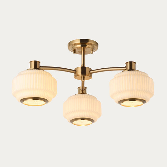Elvora 3 Light Modern Semi Flush Mount Ceiling Light in Brushed Brass with Opal Ribbed Glass