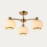 Elvora 3 Light Modern Semi Flush Mount Ceiling Light in Brushed Brass with Opal Ribbed Glass