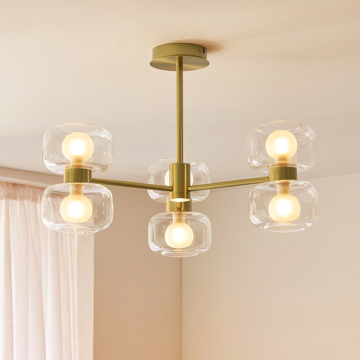 Rosetto 6 Light Semi Flush Mount Ceiling Light in Warm Brass with Frosted Glass