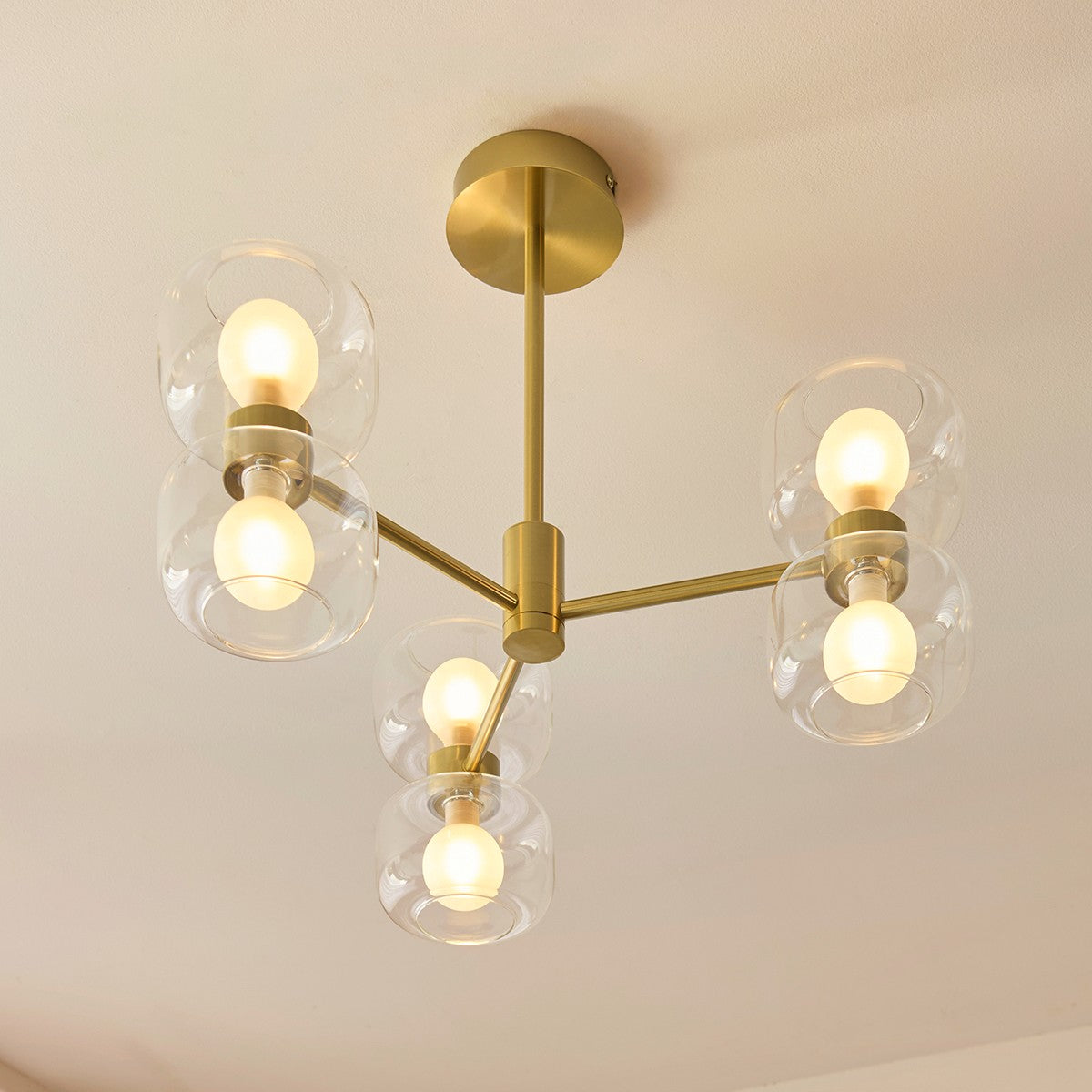 Rosetto 6 Light Semi Flush Mount Ceiling Light in Warm Brass with Frosted Glass