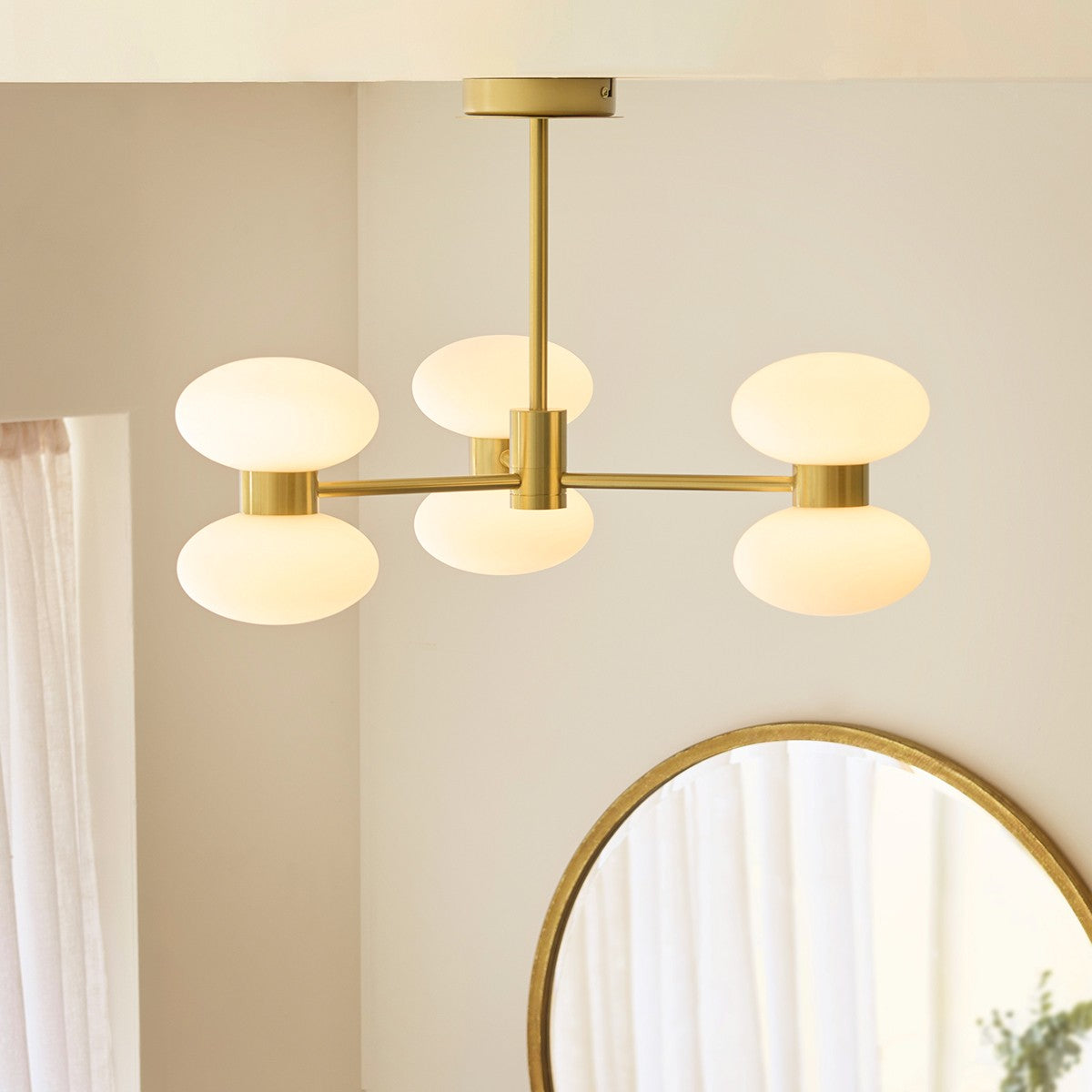 Rosetto 6 Light Semi Flush Mount Ceiling Light in Warm Brass with Opal Glass