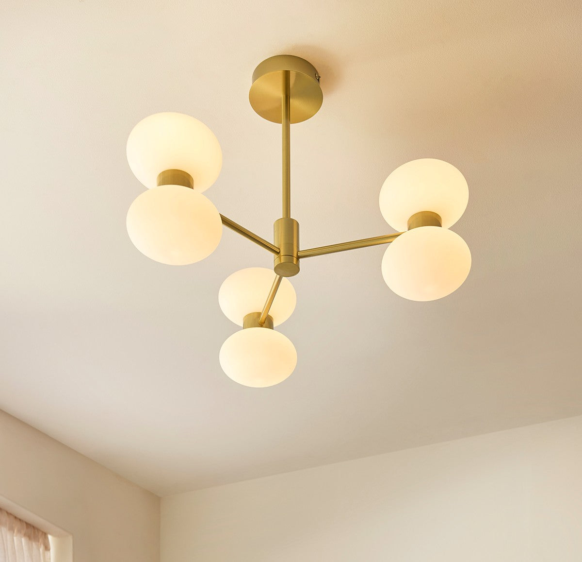 Rosetto 6 Light Semi Flush Mount Ceiling Light in Warm Brass with Opal Glass