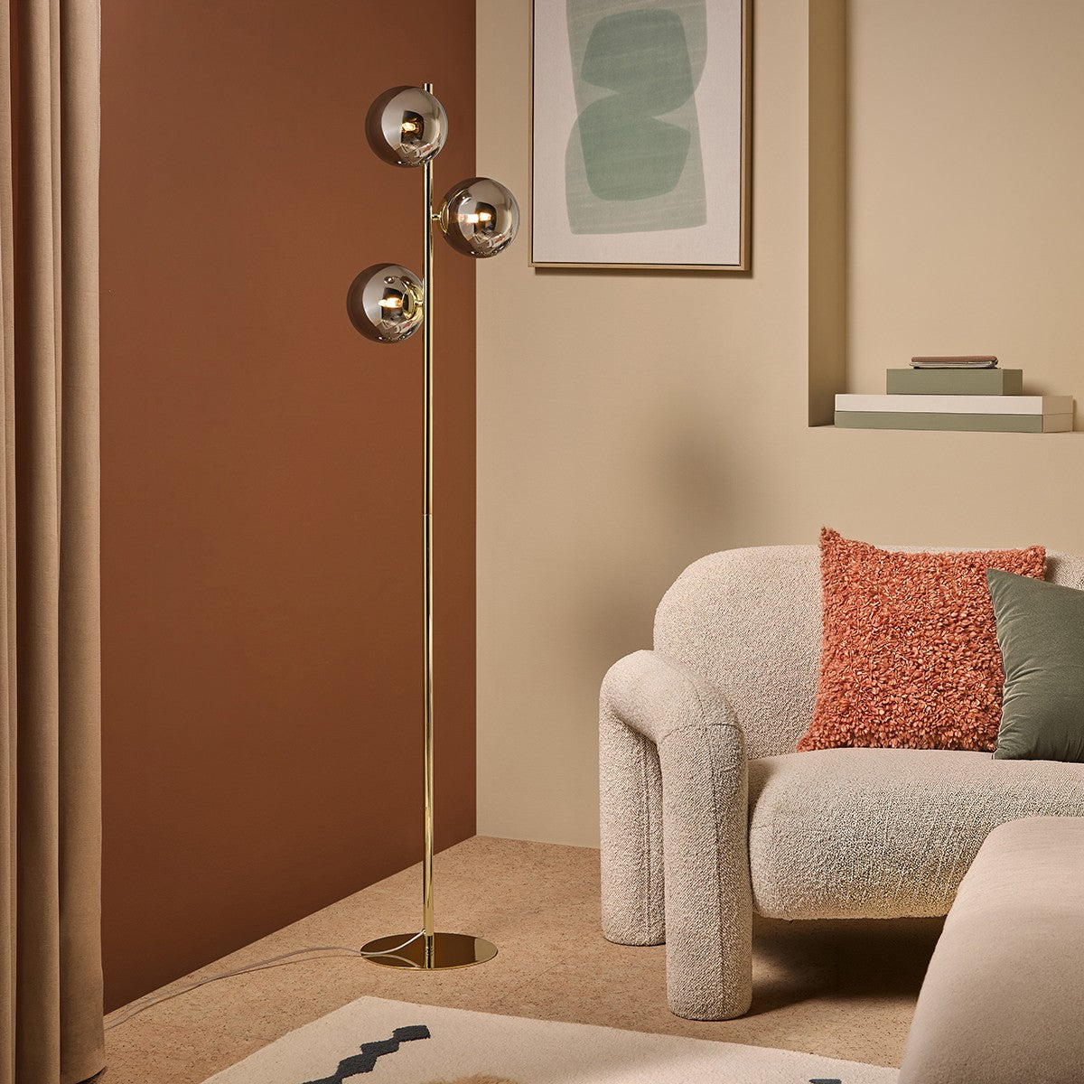 MADE Globe Smoked Grey Floor Lamp with Polished Brass and Lustre Glass
