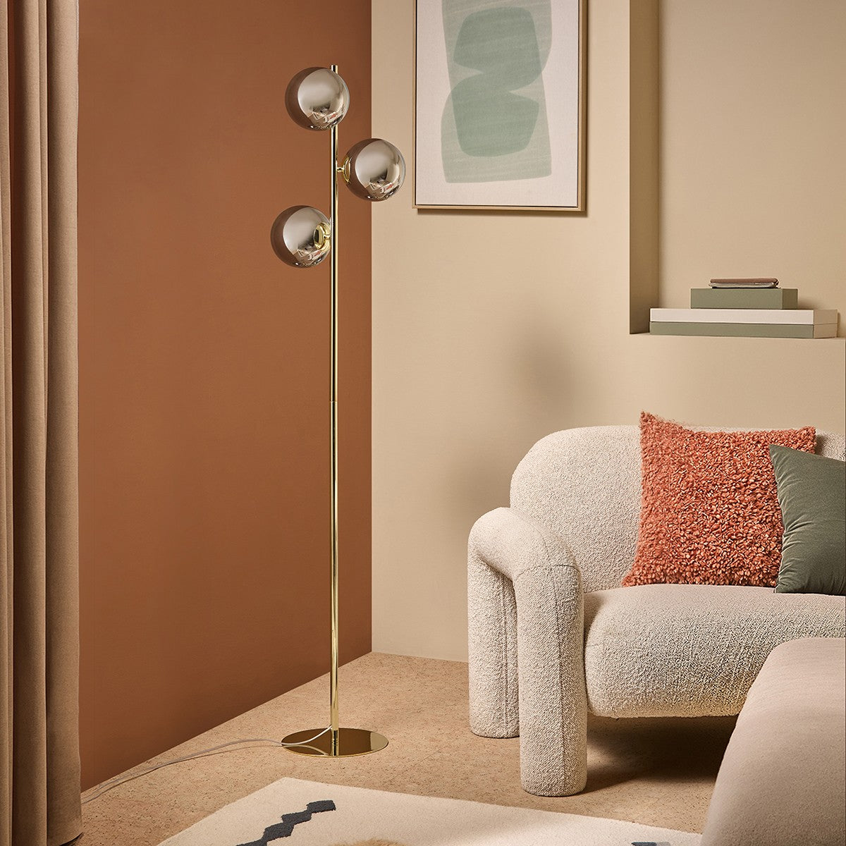 MADE Globe Smoked Grey Floor Lamp with Polished Brass and Lustre Glass