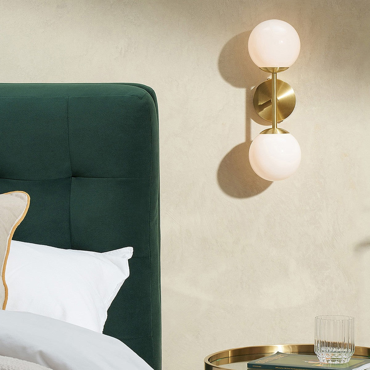 MADE Globe Mid Century Wall Light in Brushed Brass with Opal Glass Shades