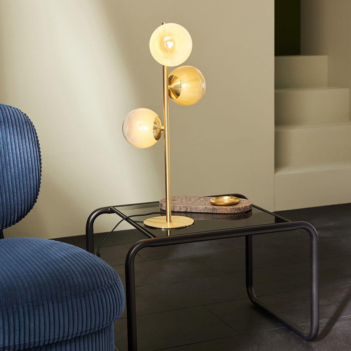 MADE Globe Green Glass Table Lamp in Brushed Brass with Buttermilk Ombre Glass