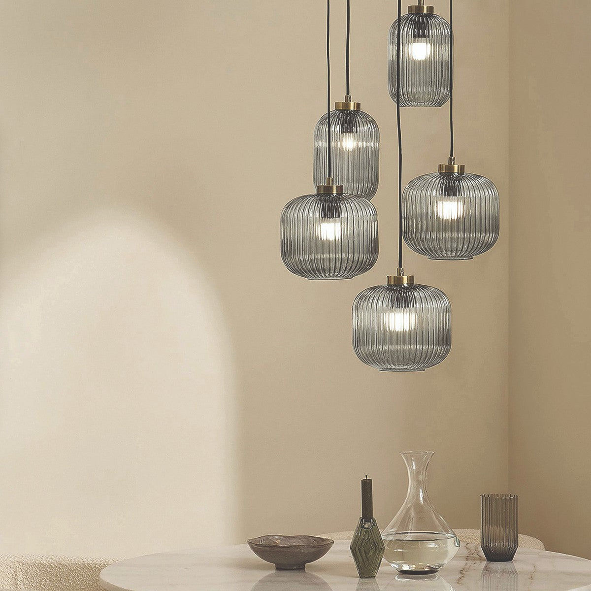 MADE Briz Giant Ceiling Light in Cluster with Antique Brass and Ribbed Grey Glass