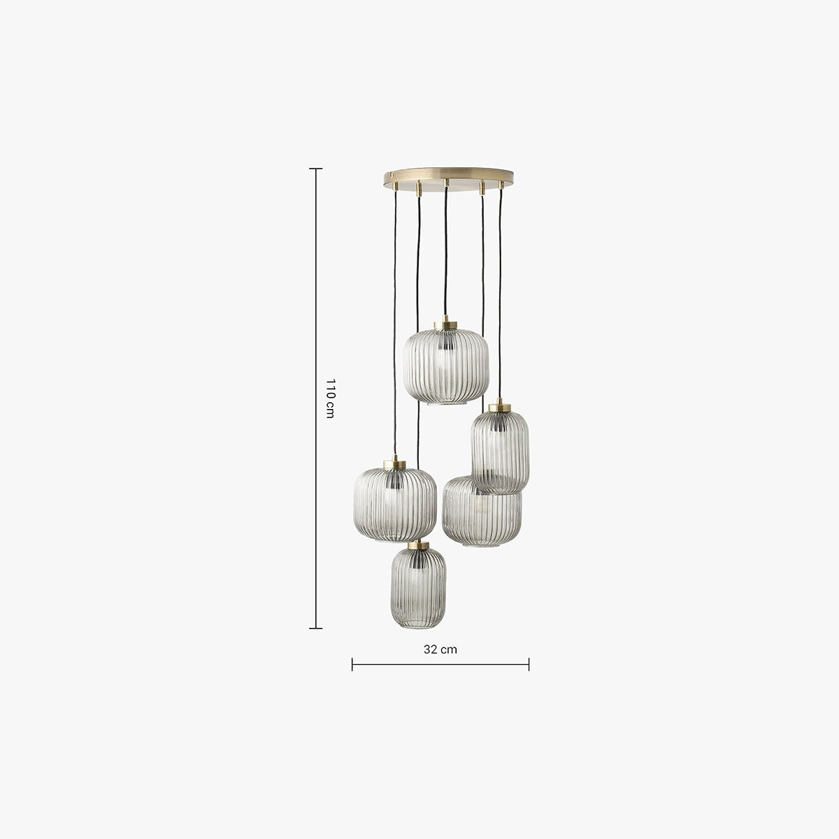 MADE Briz Giant Ceiling Light in Cluster with Antique Brass and Ribbed Grey Glass