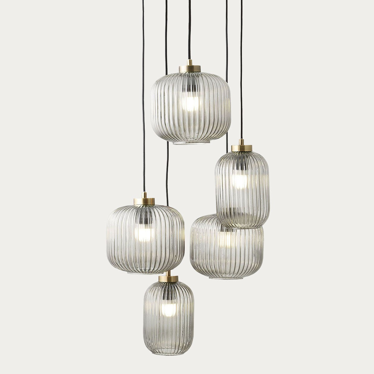 MADE Briz Giant Ceiling Light in Cluster with Antique Brass and Ribbed Grey Glass