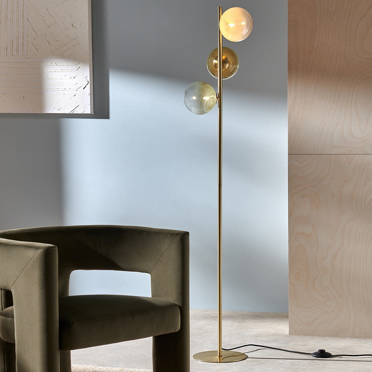 MADE Globe Mid Century Floor Lamp with Green Glass Lamp Shades and Antique Brass