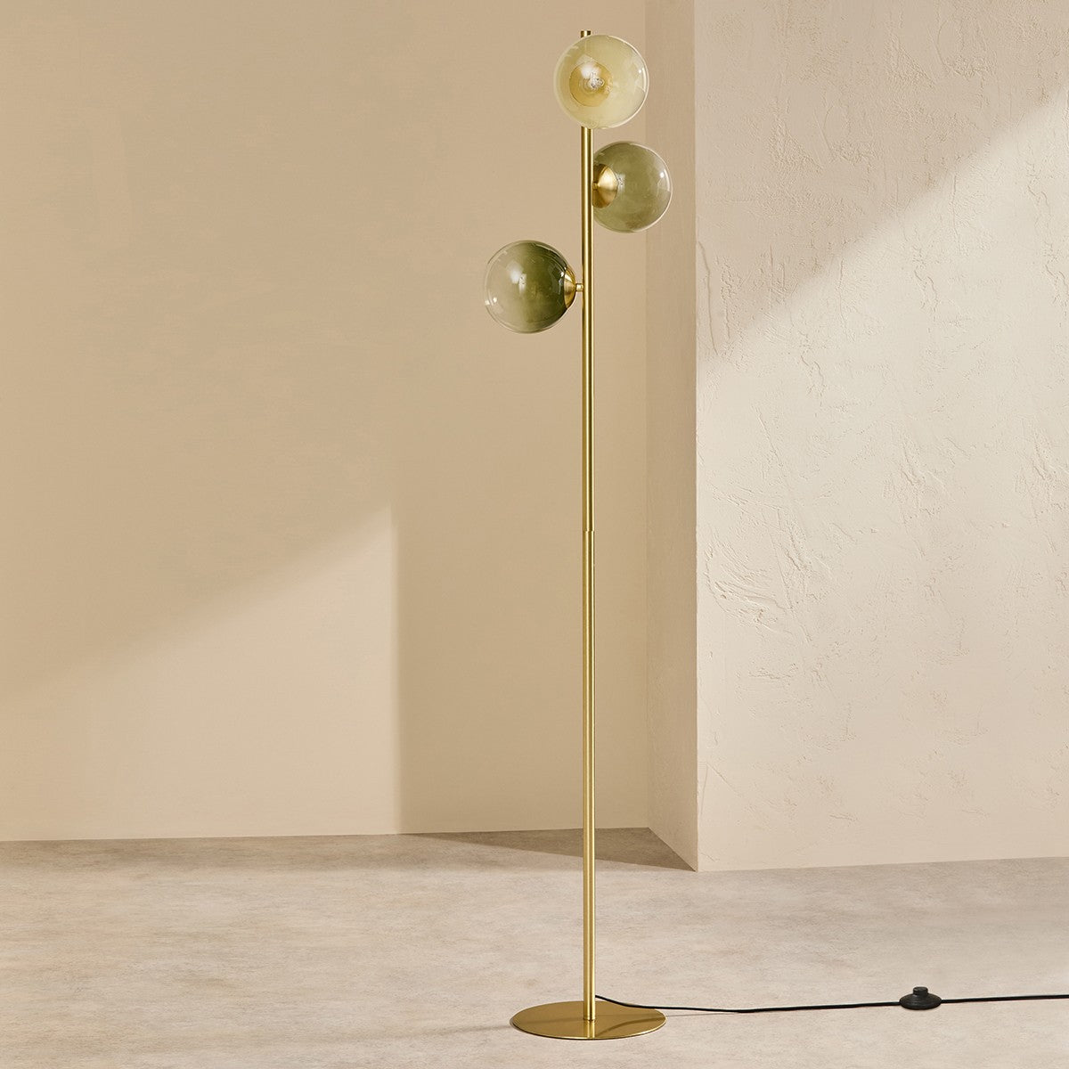 MADE Globe Mid Century Floor Lamp with Green Glass Lamp Shades and Antique Brass