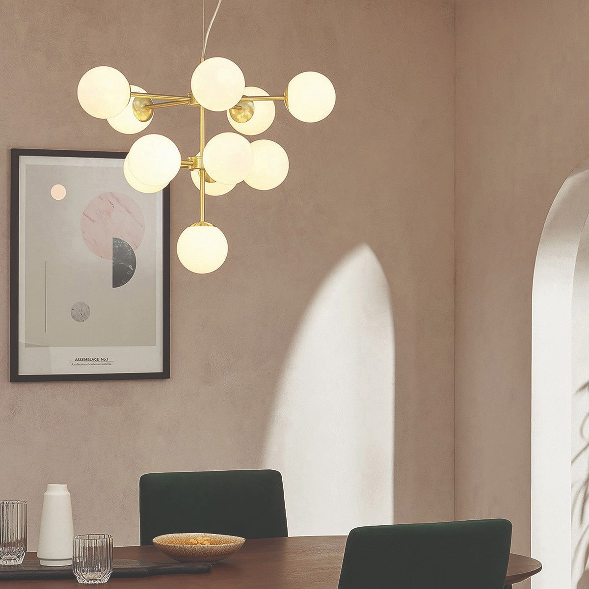 MADE Globe Mid Century Chandelier in Brushed Brass with Opal Glass Lamp Shades