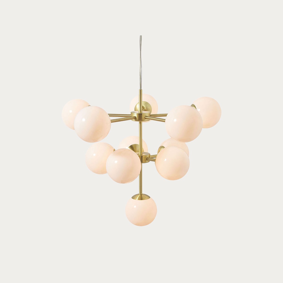 MADE Globe Mid Century Chandelier in Brushed Brass with Opal Glass Lamp Shades
