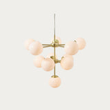 MADE Globe Mid Century Chandelier in Brushed Brass with Opal Glass Lamp Shades