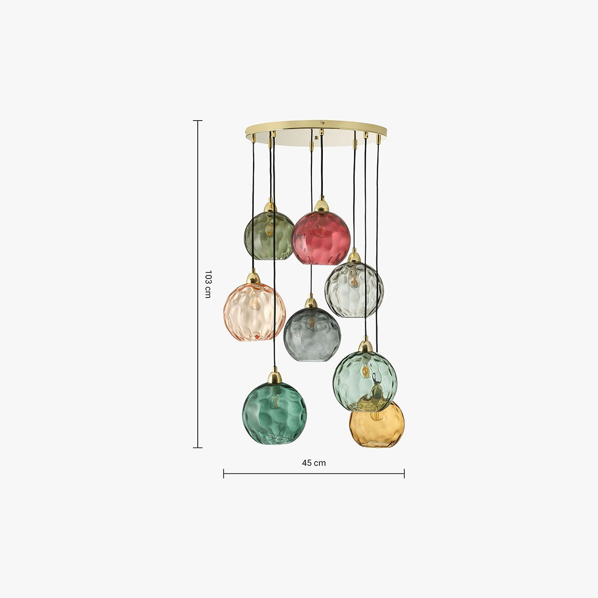 MADE Ilaria 8 Light Large Ceiling Light with Green Glass Lamp Shades and Polished Brass Details