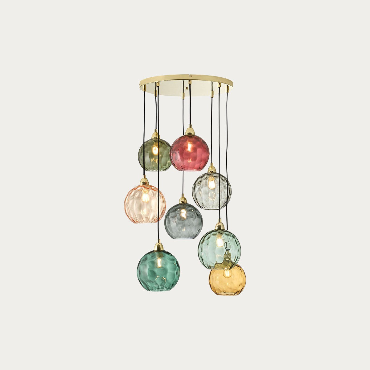 MADE Ilaria 8 Light Large Ceiling Light with Green Glass Lamp Shades and Polished Brass Details