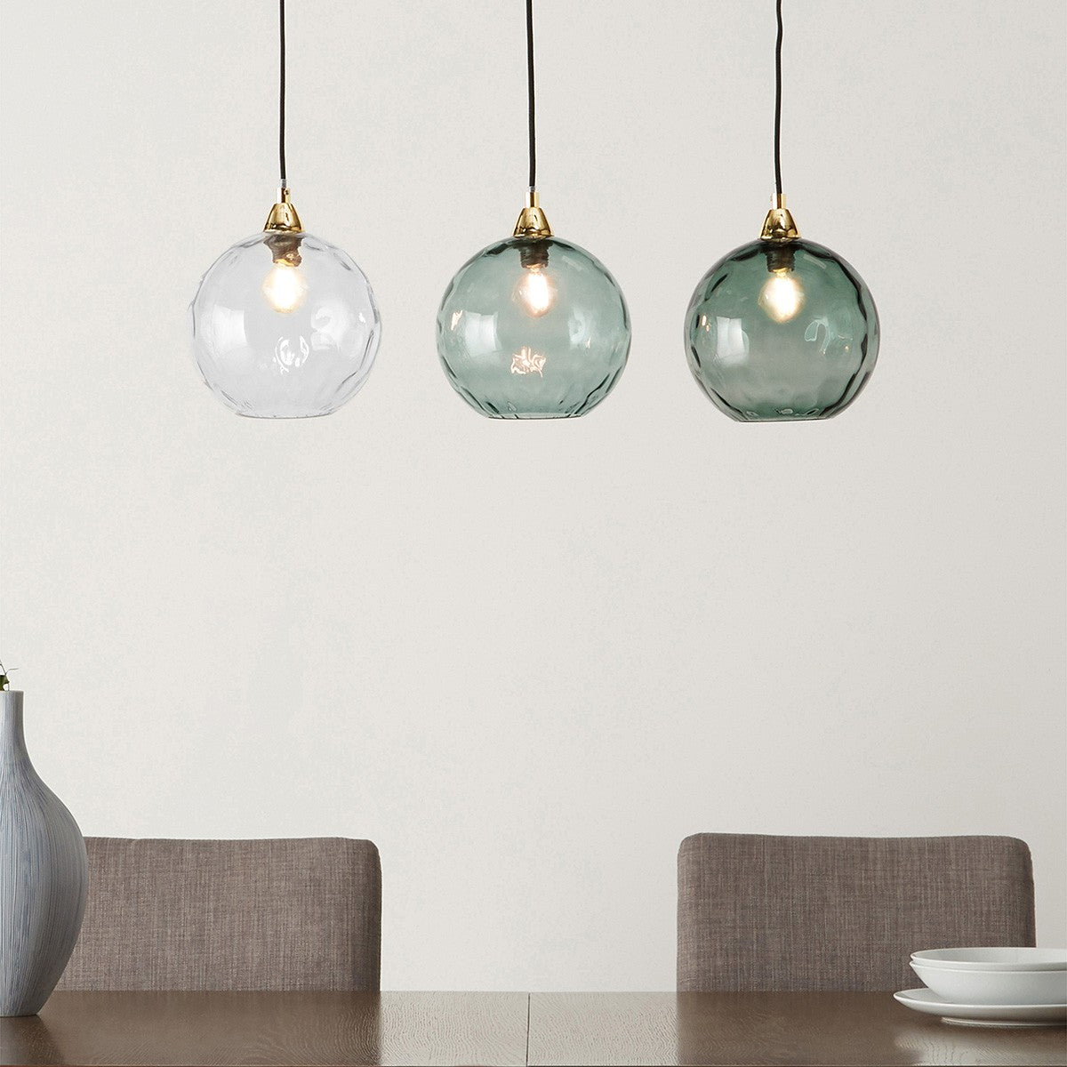 MADE Ilaria 3 Light Dining Room Ceiling Light with Blue Toned Glass and Polished Brass