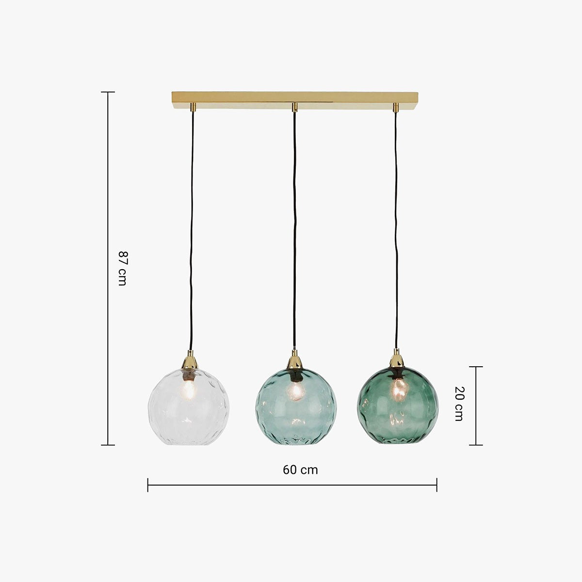 MADE Ilaria 3 Light Dining Room Ceiling Light with Blue Toned Glass and Polished Brass