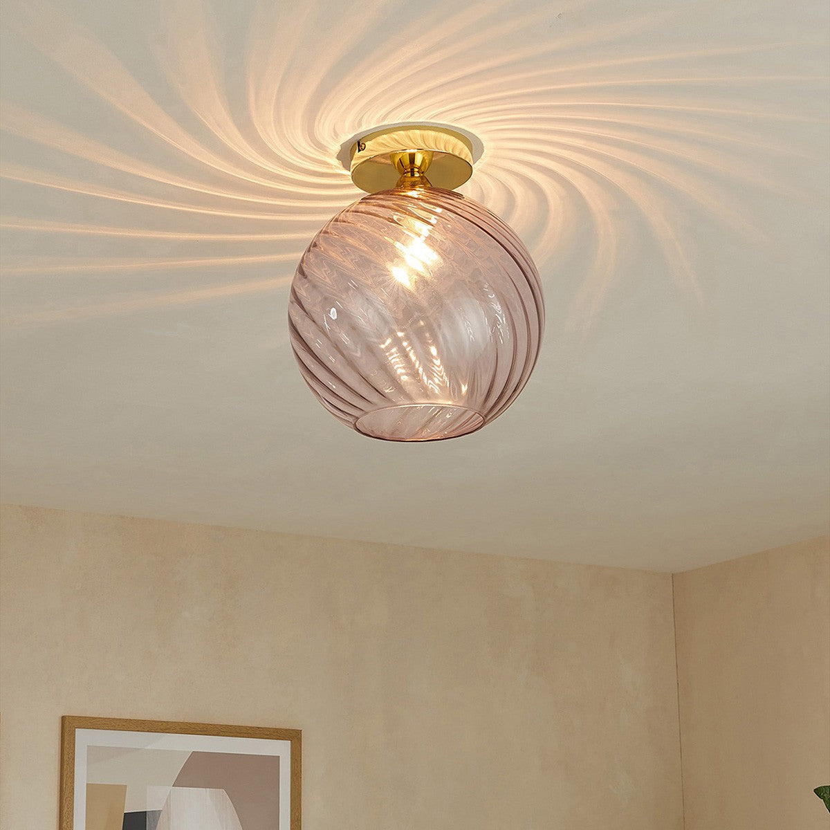 MADE Ilaria Flush Modern Ceiling Light in Polished Brass and Pink Glass