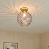 MADE Ilaria Flush Modern Ceiling Light in Polished Brass and Pink Glass